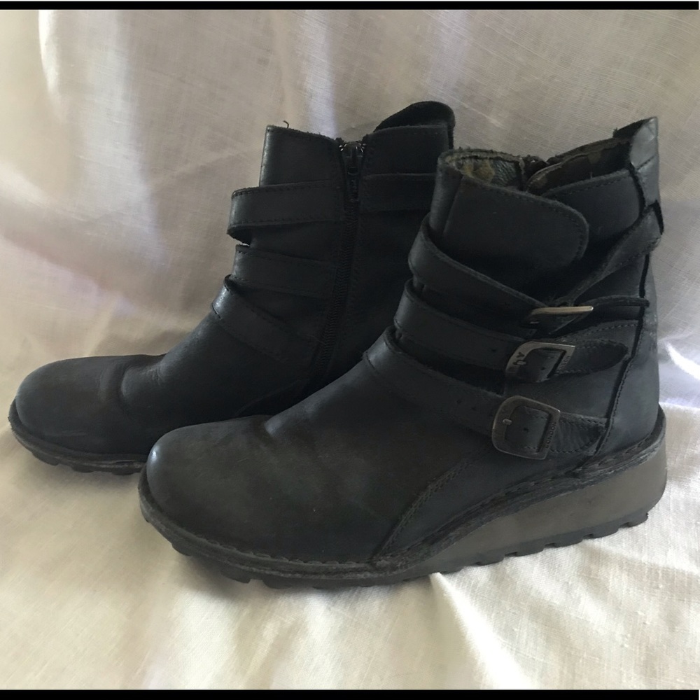 Fly London Black Leather Platform Buckle Boots